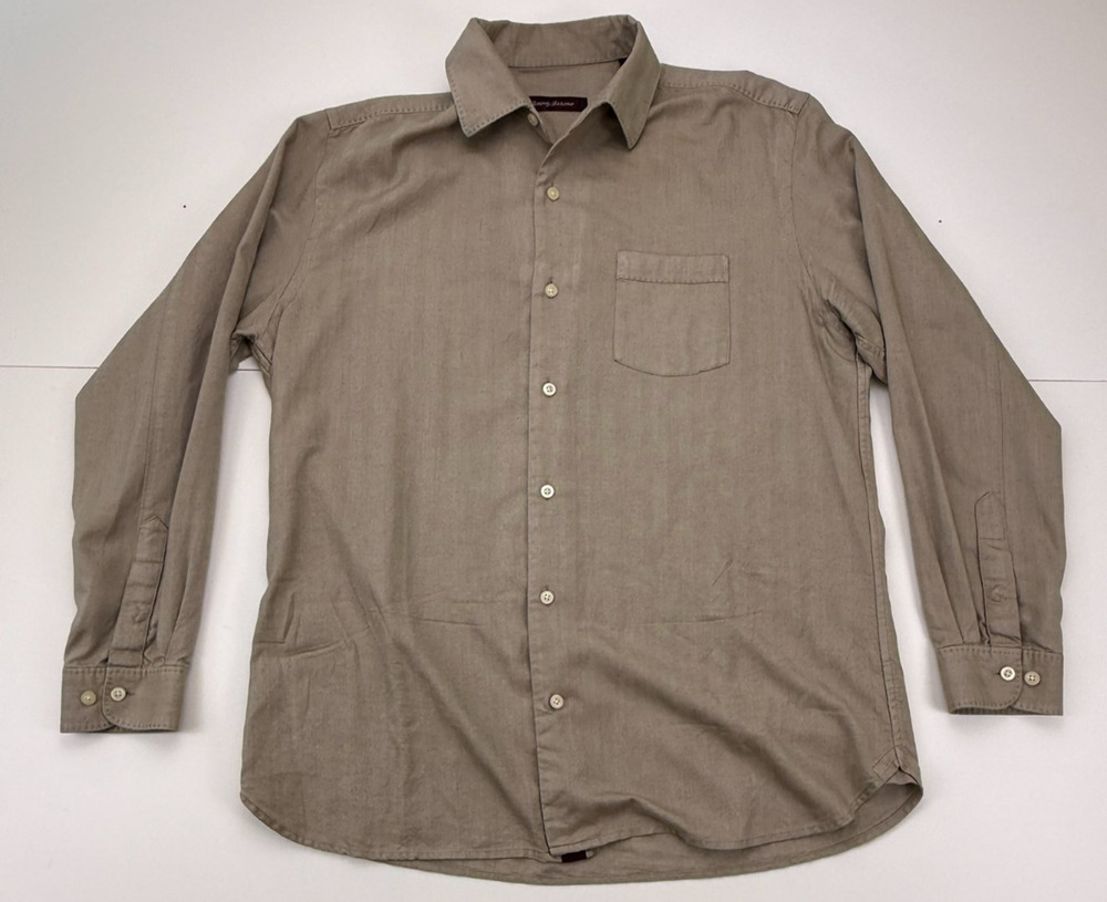 Tommy Bahama Shirt Mens M Silk Cotton Beige Herringbone Long Sleeve Button Down